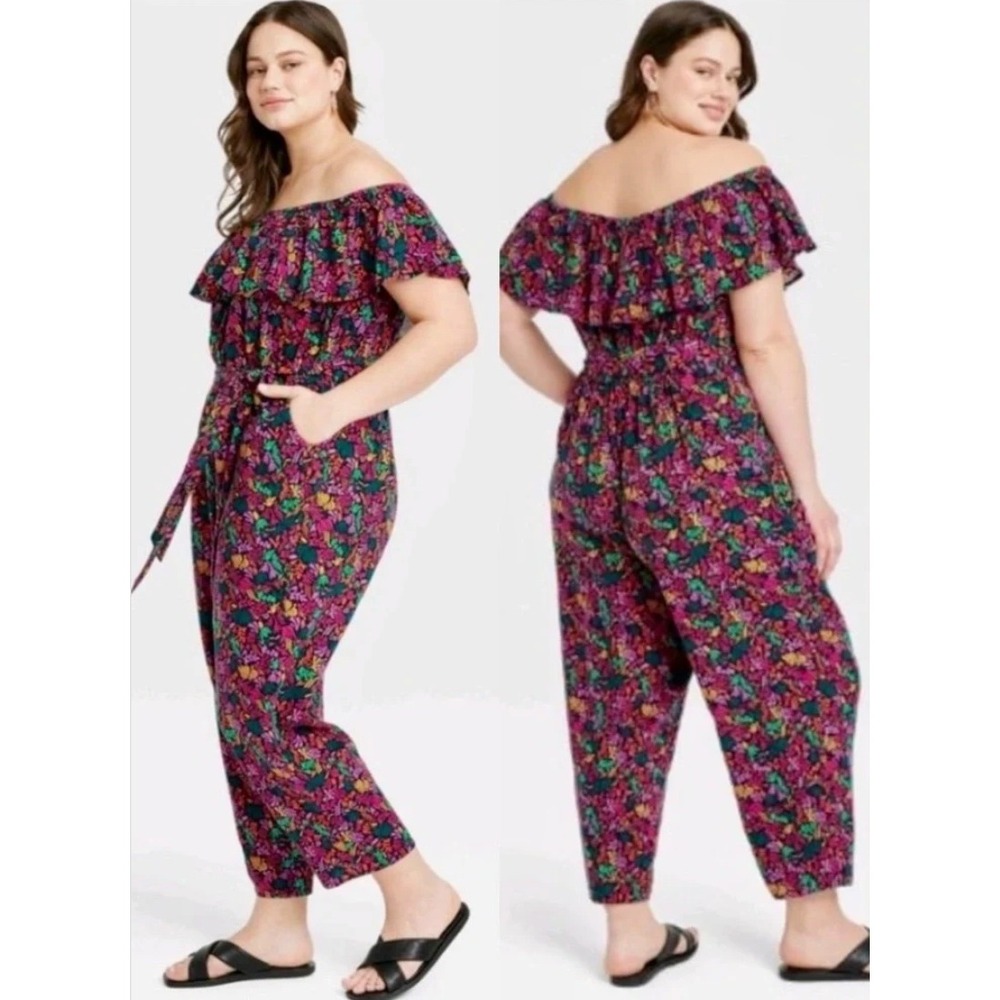 Ava & Viv Jumpsuit Womens 3X Multicolor Floral Linen Blend Vibrant